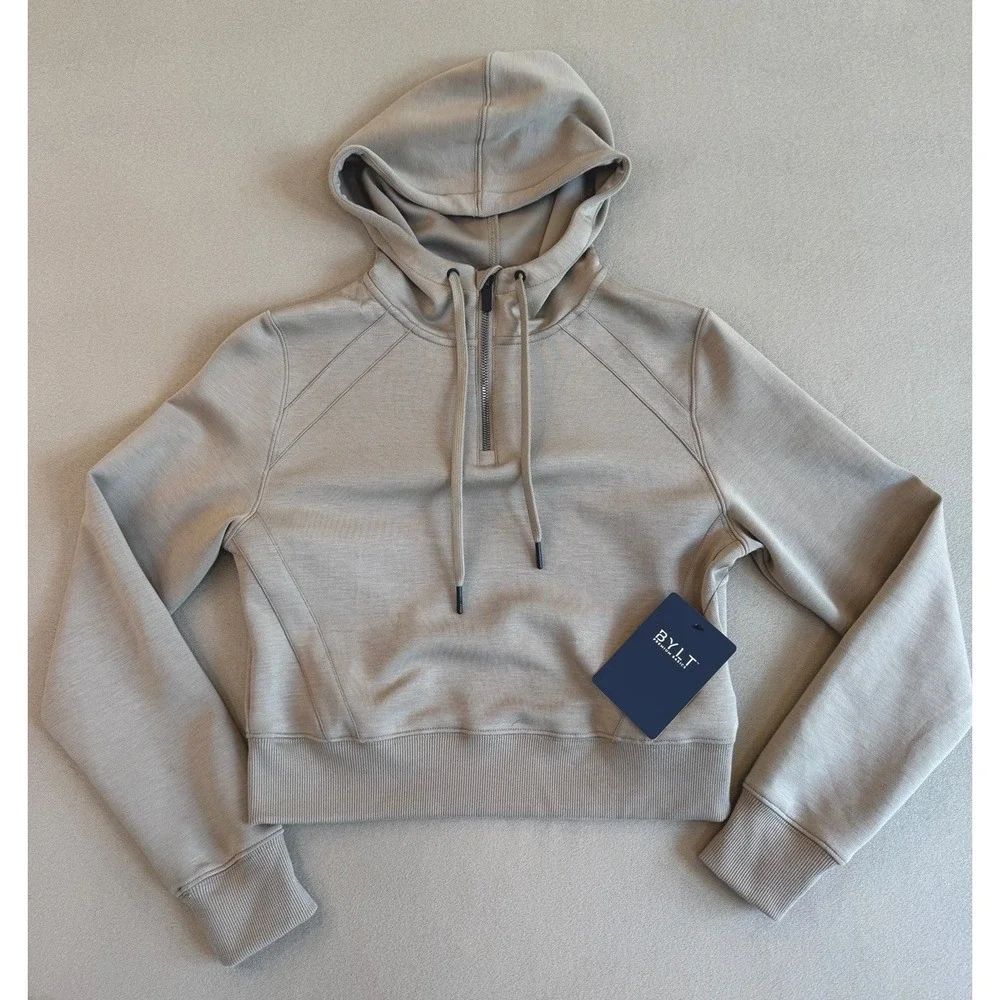 BYLT Opal Fleece Quarter-Zip Hoodie Womens S Driftwood Cropped Athleisure New